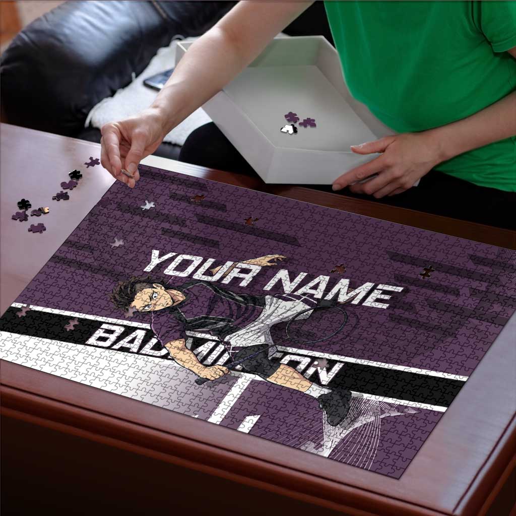 Personalized Shinazugawa Genya Demon Slayer Badminton Puzzle with Racket Action Pose and Purple Black Graphic Design - The Mazicc