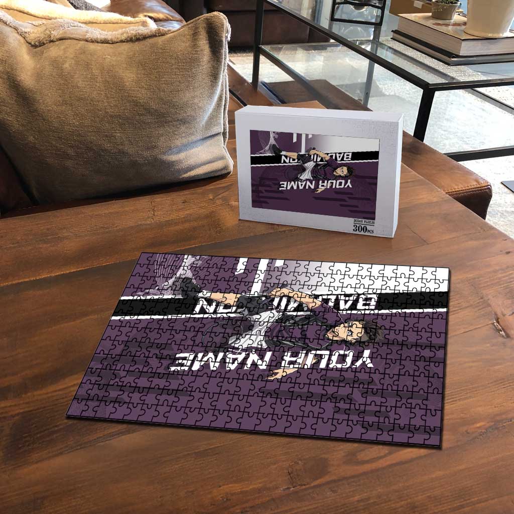 Personalized Shinazugawa Genya Demon Slayer Badminton Puzzle with Racket Action Pose and Purple Black Graphic Design - The Mazicc