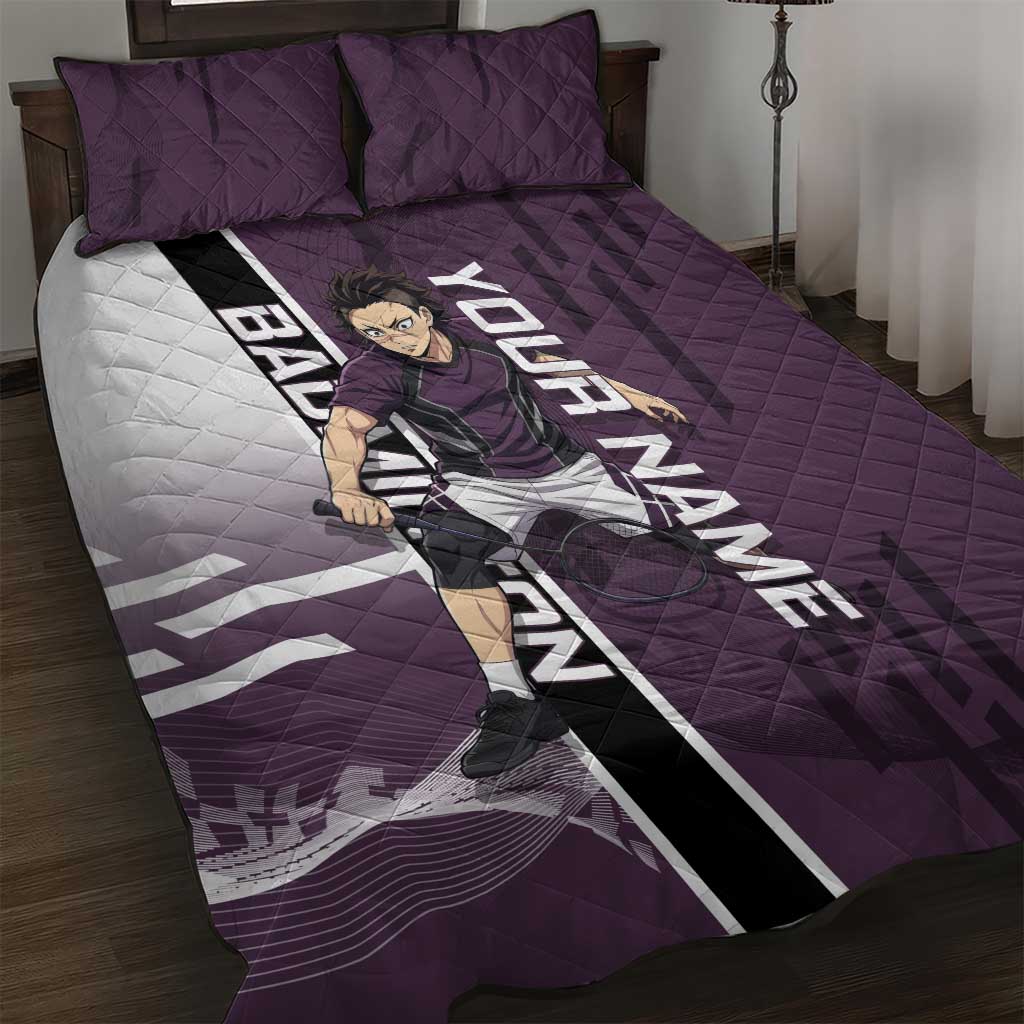 Personalized Shinazugawa Genya Demon Slayer Badminton Quilt Bed Set with Racket Action Pose and Purple Black Graphic Design - The Mazicc