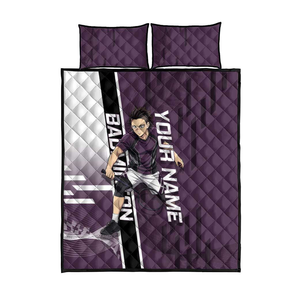 Personalized Shinazugawa Genya Demon Slayer Badminton Quilt Bed Set with Racket Action Pose and Purple Black Graphic Design - The Mazicc