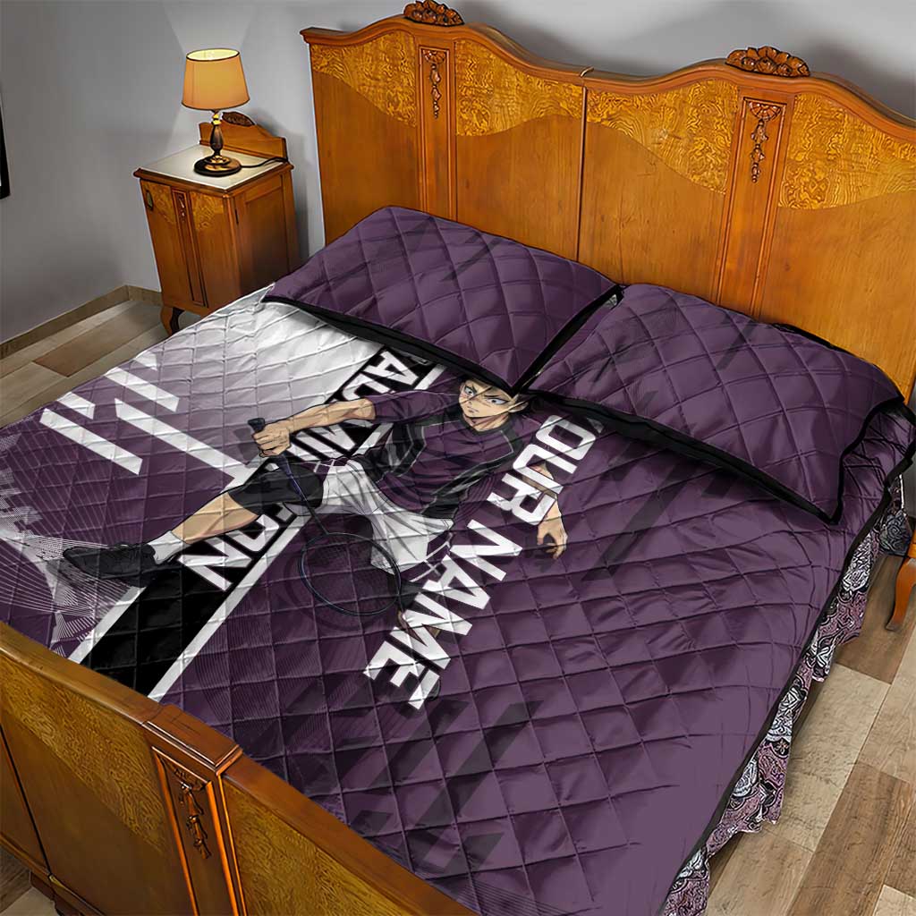 Personalized Shinazugawa Genya Demon Slayer Badminton Quilt Bed Set with Racket Action Pose and Purple Black Graphic Design - The Mazicc