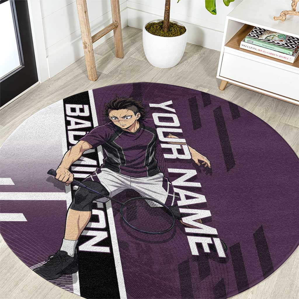 Personalized Shinazugawa Genya Demon Slayer Badminton Round Carpet with Racket Action Pose and Purple Black Graphic Design - The Mazicc