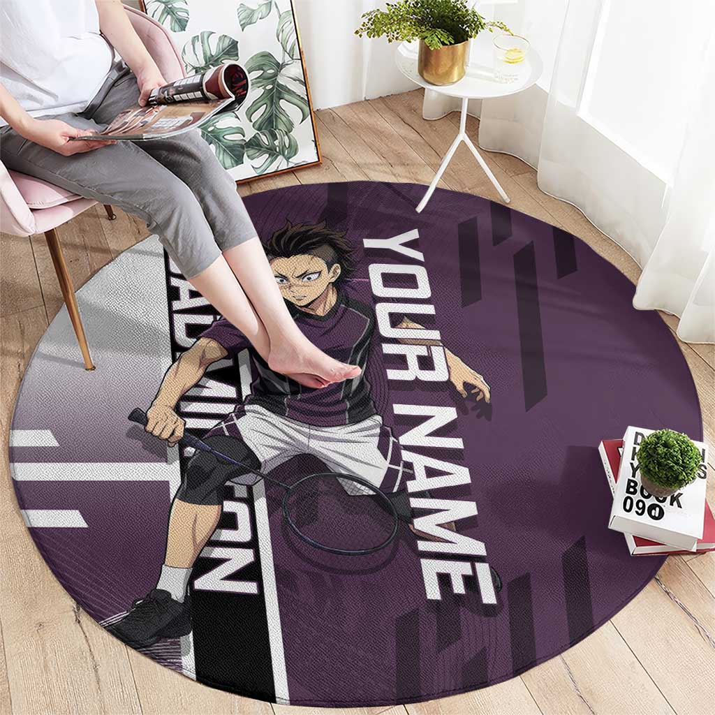 Personalized Shinazugawa Genya Demon Slayer Badminton Round Carpet with Racket Action Pose and Purple Black Graphic Design - The Mazicc