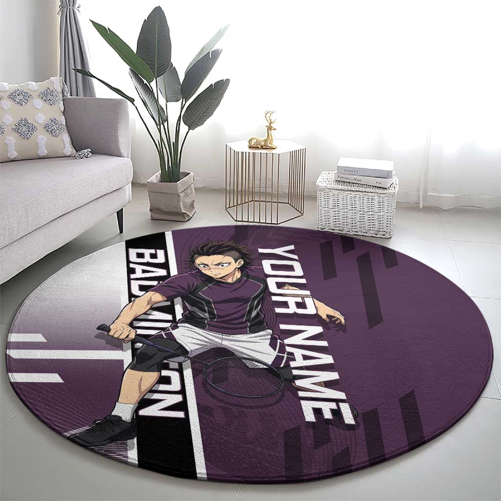 Personalized Shinazugawa Genya Demon Slayer Badminton Round Carpet with Racket Action Pose and Purple Black Graphic Design - The Mazicc