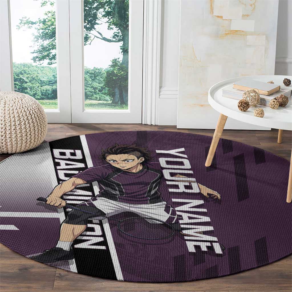 Personalized Shinazugawa Genya Demon Slayer Badminton Round Carpet with Racket Action Pose and Purple Black Graphic Design - The Mazicc