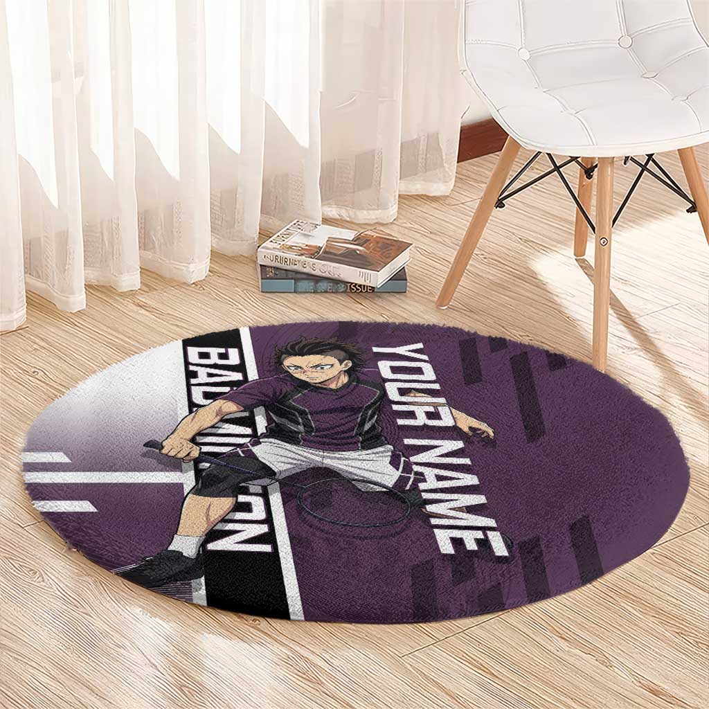 Personalized Shinazugawa Genya Demon Slayer Badminton Round Carpet with Racket Action Pose and Purple Black Graphic Design - The Mazicc