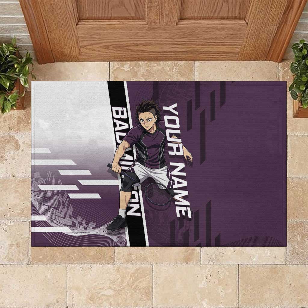Personalized Shinazugawa Genya Demon Slayer Badminton Rubber Doormat with Racket Action Pose and Purple Black Graphic Design - The Mazicc