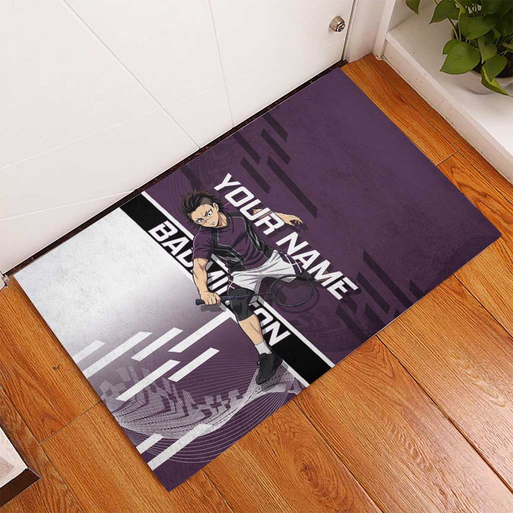 Personalized Shinazugawa Genya Demon Slayer Badminton Rubber Doormat with Racket Action Pose and Purple Black Graphic Design - The Mazicc