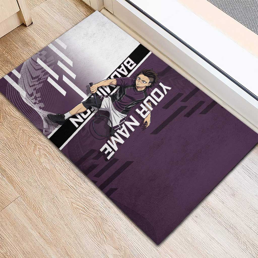 Personalized Shinazugawa Genya Demon Slayer Badminton Rubber Doormat with Racket Action Pose and Purple Black Graphic Design - The Mazicc