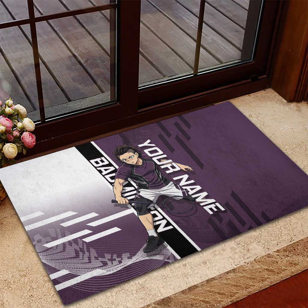 Personalized Shinazugawa Genya Demon Slayer Badminton Rubber Doormat with Racket Action Pose and Purple Black Graphic Design - The Mazicc