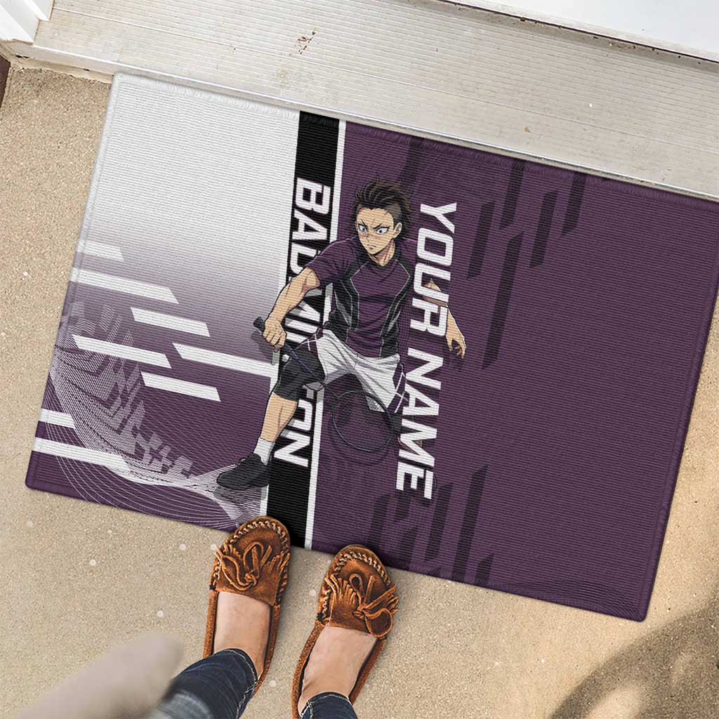 Personalized Shinazugawa Genya Demon Slayer Badminton Rubber Doormat with Racket Action Pose and Purple Black Graphic Design - The Mazicc