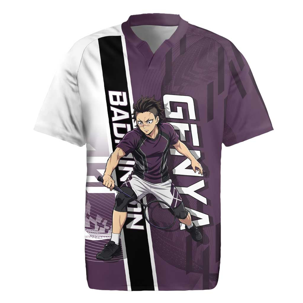 Personalized Shinazugawa Genya Demon Slayer Badminton Rugby Jersey with Racket Action Pose and Purple Black Graphic Design - The Mazicc