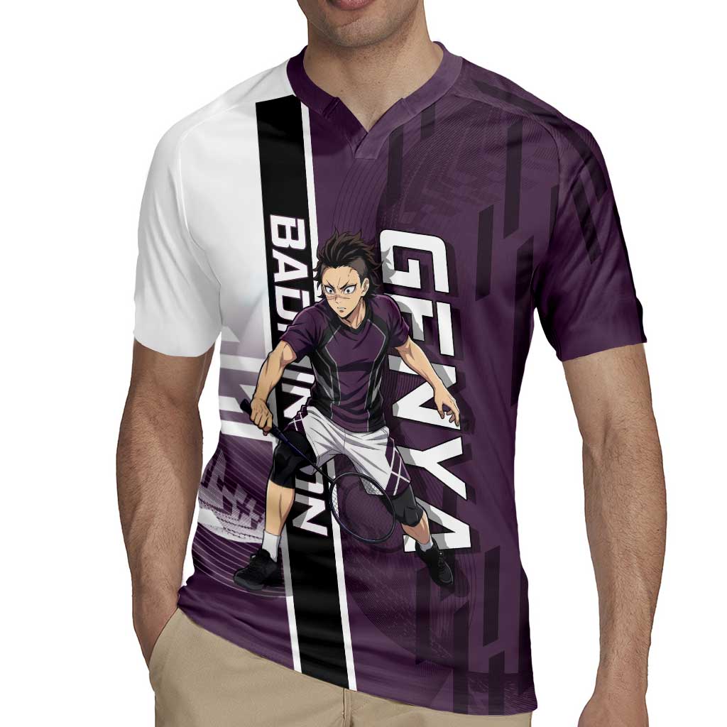 Personalized Shinazugawa Genya Demon Slayer Badminton Rugby Jersey with Racket Action Pose and Purple Black Graphic Design - The Mazicc