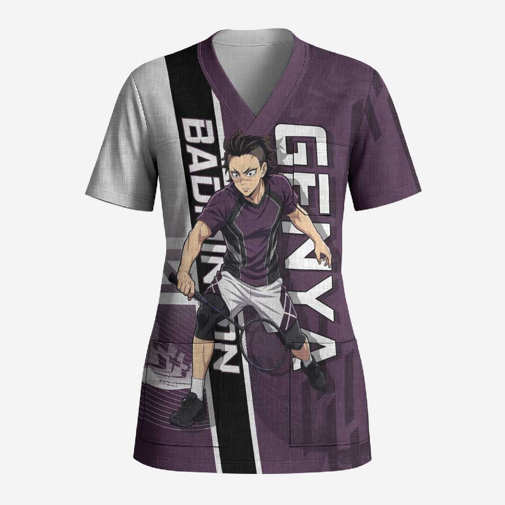 Personalized Shinazugawa Genya Demon Slayer Badminton Scrub Top with Racket Action Pose and Purple Black Graphic Design - The Mazicc