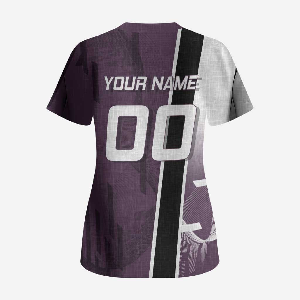 Personalized Shinazugawa Genya Demon Slayer Badminton Scrub Top with Racket Action Pose and Purple Black Graphic Design - The Mazicc