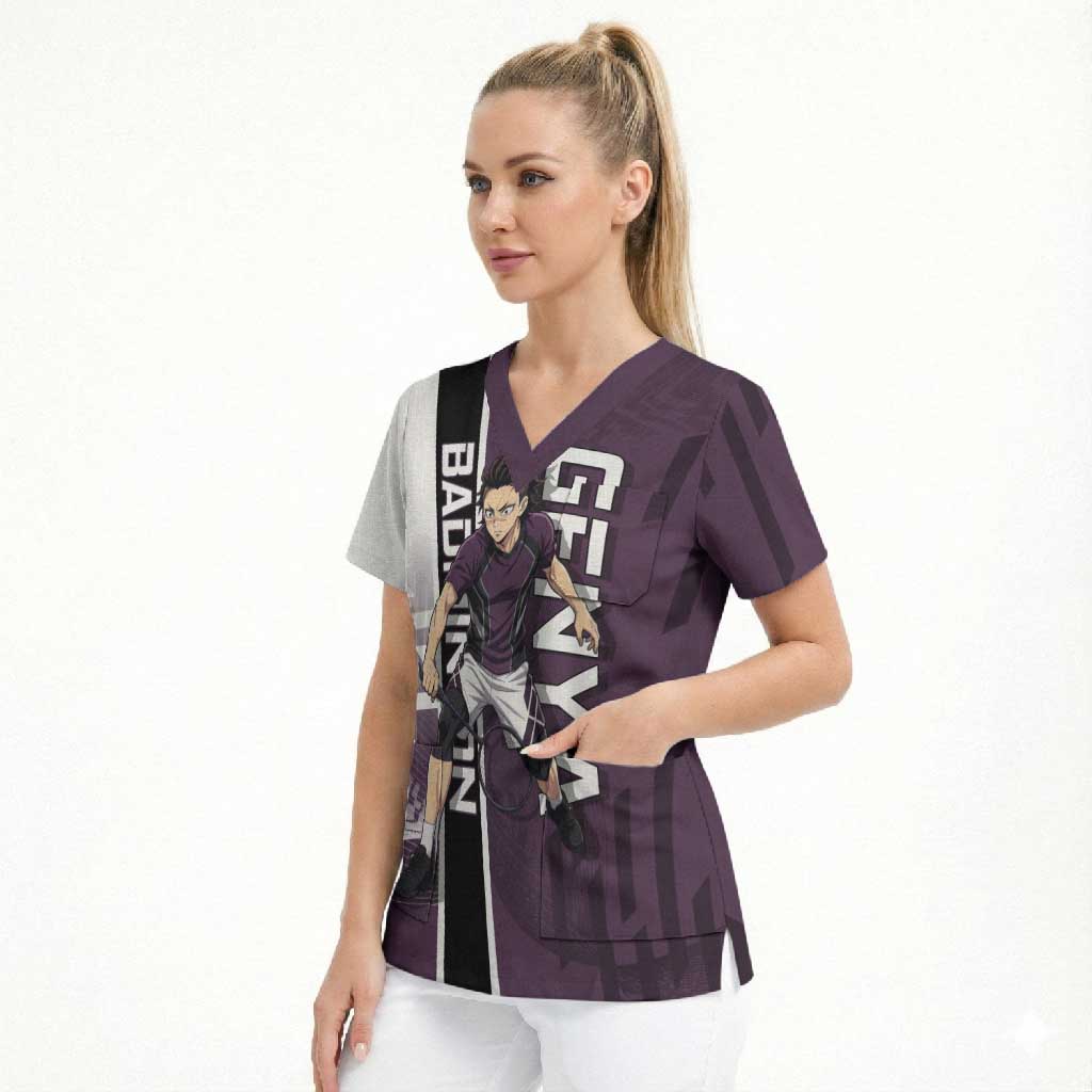 Personalized Shinazugawa Genya Demon Slayer Badminton Scrub Top with Racket Action Pose and Purple Black Graphic Design - The Mazicc