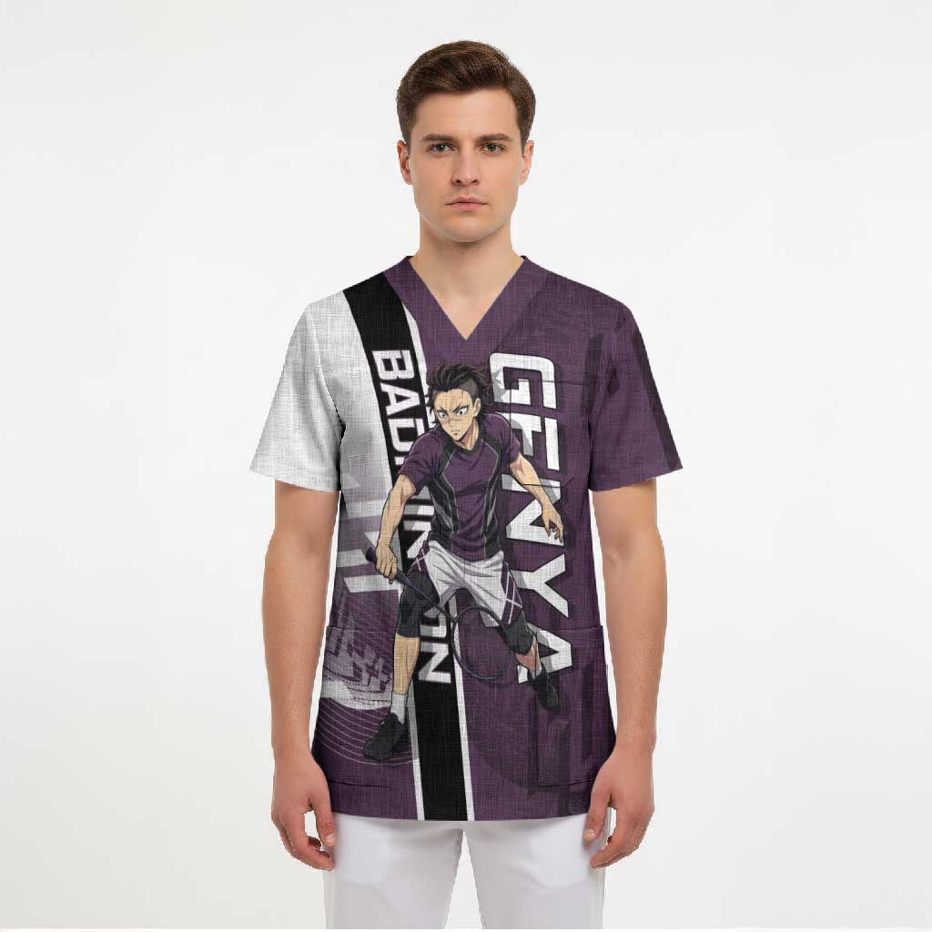 Personalized Shinazugawa Genya Demon Slayer Badminton Scrub Top with Racket Action Pose and Purple Black Graphic Design - The Mazicc