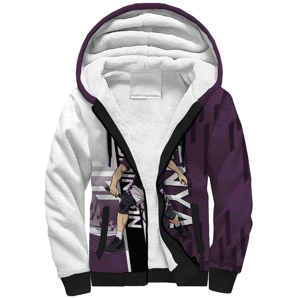 Personalized Shinazugawa Genya Demon Slayer Badminton Sherpa Hoodie with Racket Action Pose and Purple Black Graphic Design - The Mazicc