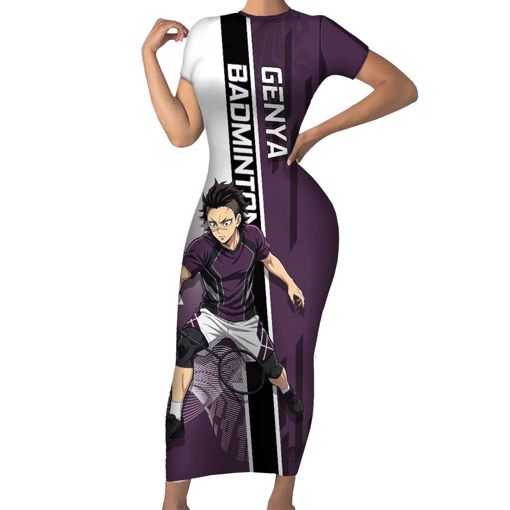 Personalized Shinazugawa Genya Demon Slayer Badminton Short Sleeve Bodycon Dress with Racket Action Pose and Purple Black Graphic Design - The Mazicc