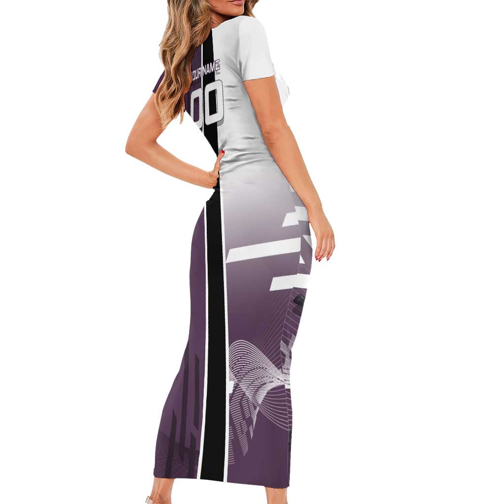 Personalized Shinazugawa Genya Demon Slayer Badminton Short Sleeve Bodycon Dress with Racket Action Pose and Purple Black Graphic Design - The Mazicc