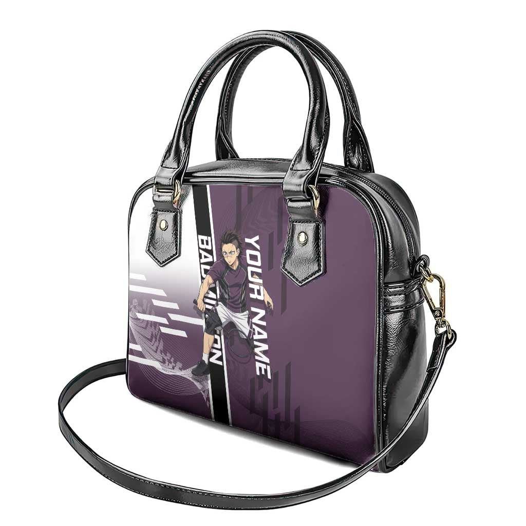 Personalized Shinazugawa Genya Demon Slayer Badminton Shoulder Handbag with Racket Action Pose and Purple Black Graphic Design - The Mazicc
