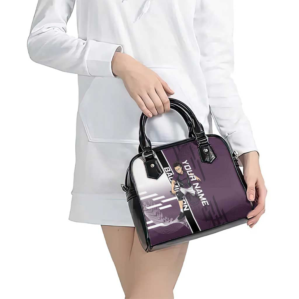 Personalized Shinazugawa Genya Demon Slayer Badminton Shoulder Handbag with Racket Action Pose and Purple Black Graphic Design - The Mazicc