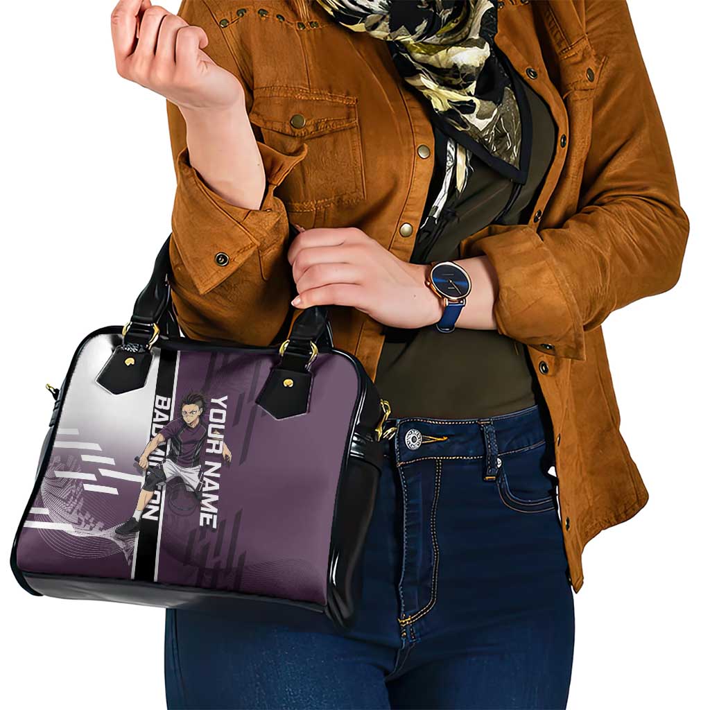 Personalized Shinazugawa Genya Demon Slayer Badminton Shoulder Handbag with Racket Action Pose and Purple Black Graphic Design - The Mazicc