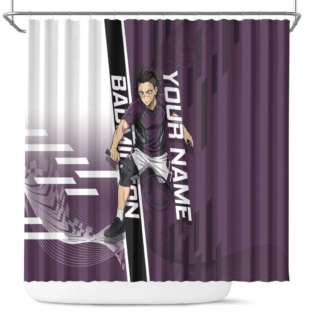 Personalized Shinazugawa Genya Demon Slayer Badminton Shower Curtain with Racket Action Pose and Purple Black Graphic Design - The Mazicc