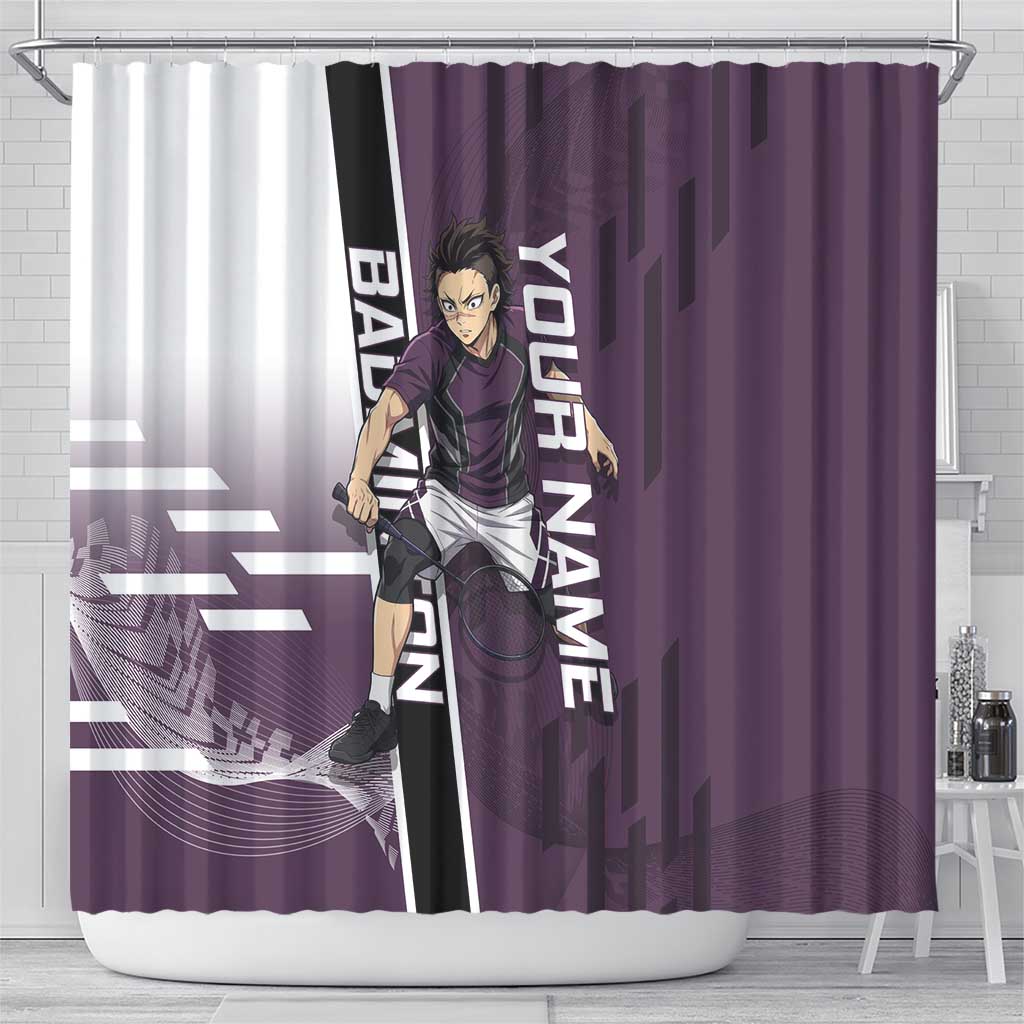 Personalized Shinazugawa Genya Demon Slayer Badminton Shower Curtain with Racket Action Pose and Purple Black Graphic Design - The Mazicc