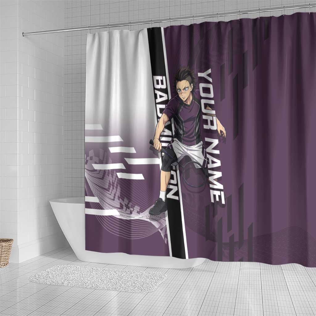 Personalized Shinazugawa Genya Demon Slayer Badminton Shower Curtain with Racket Action Pose and Purple Black Graphic Design - The Mazicc