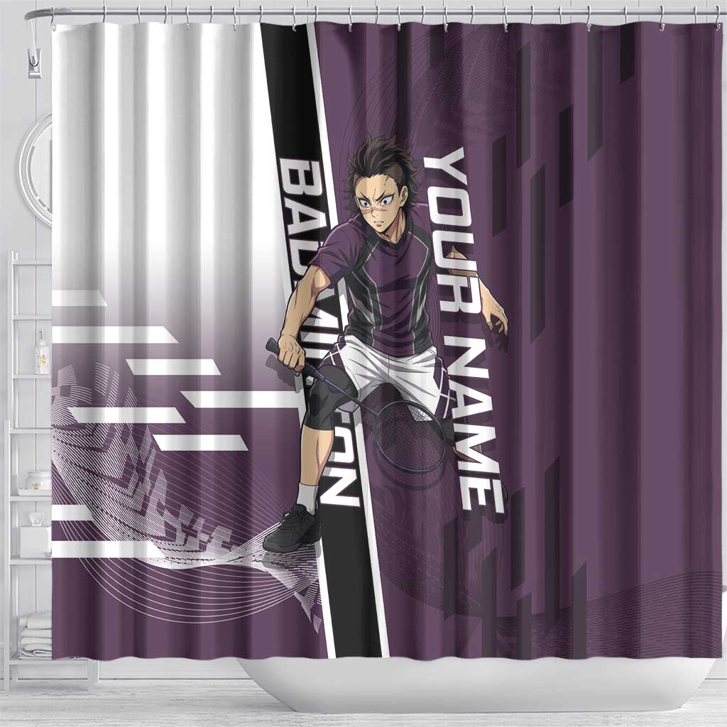 Personalized Shinazugawa Genya Demon Slayer Badminton Shower Curtain with Racket Action Pose and Purple Black Graphic Design - The Mazicc