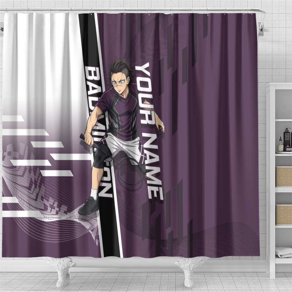 Personalized Shinazugawa Genya Demon Slayer Badminton Shower Curtain with Racket Action Pose and Purple Black Graphic Design - The Mazicc