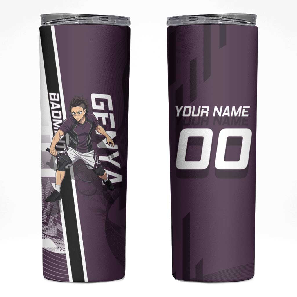 Personalized Shinazugawa Genya Demon Slayer Badminton Skinny Tumbler with Racket Action Pose and Purple Black Graphic Design - The Mazicc