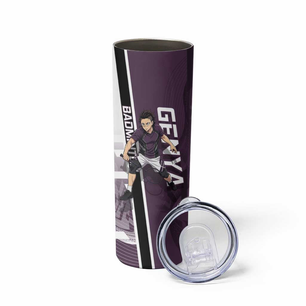 Personalized Shinazugawa Genya Demon Slayer Badminton Skinny Tumbler with Racket Action Pose and Purple Black Graphic Design - The Mazicc