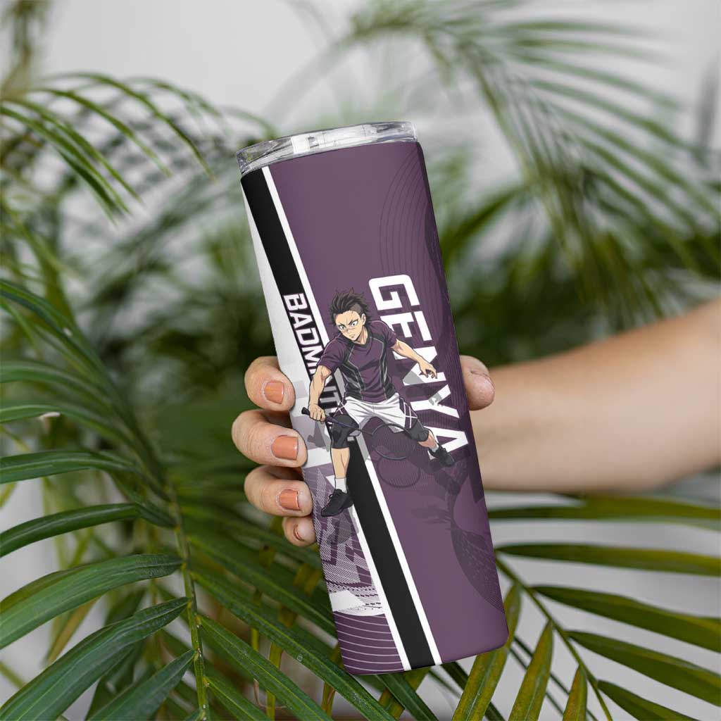 Personalized Shinazugawa Genya Demon Slayer Badminton Skinny Tumbler with Racket Action Pose and Purple Black Graphic Design - The Mazicc