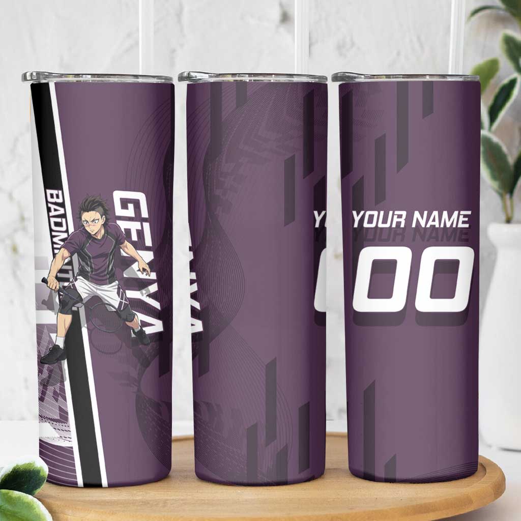 Personalized Shinazugawa Genya Demon Slayer Badminton Skinny Tumbler with Racket Action Pose and Purple Black Graphic Design - The Mazicc