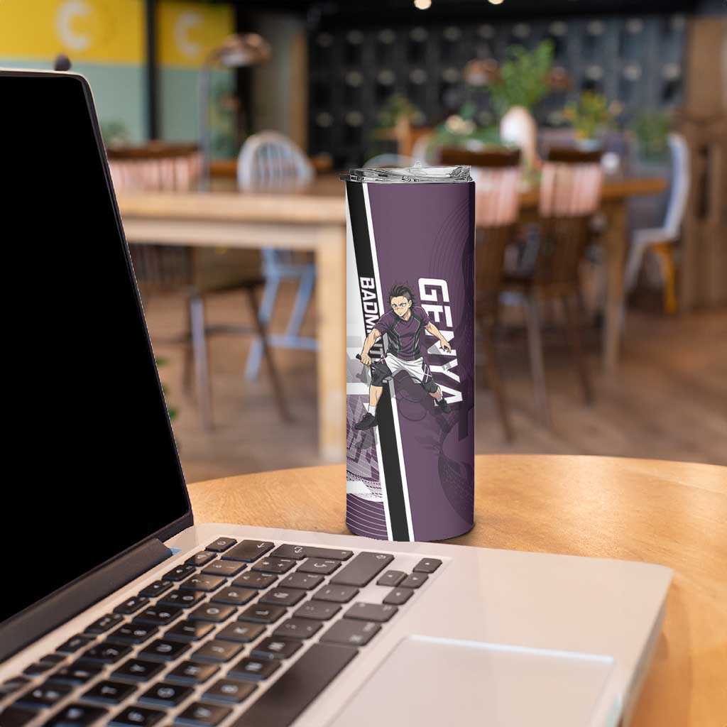 Personalized Shinazugawa Genya Demon Slayer Badminton Skinny Tumbler with Racket Action Pose and Purple Black Graphic Design - The Mazicc