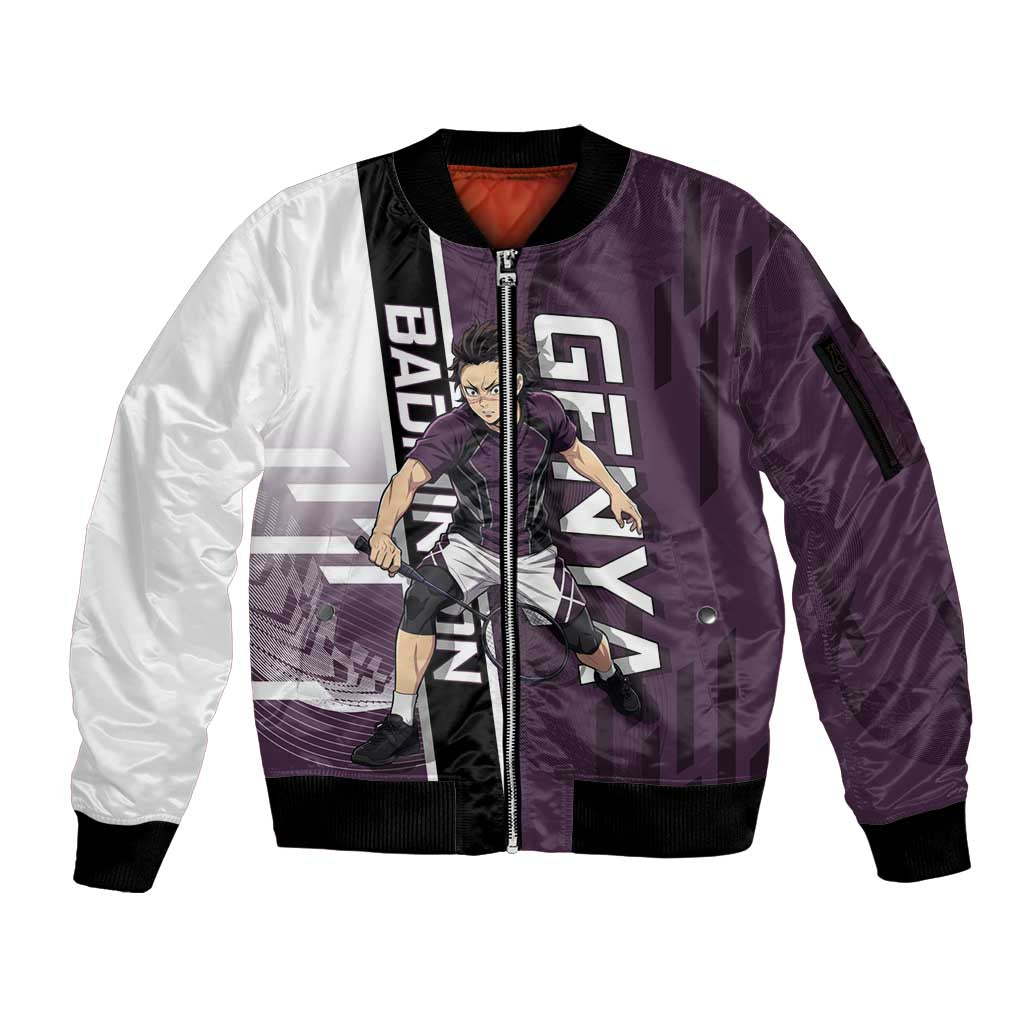 Personalized Shinazugawa Genya Demon Slayer Badminton Sleeve Zip Bomber Jacket with Racket Action Pose and Purple Black Graphic Design - The Mazicc