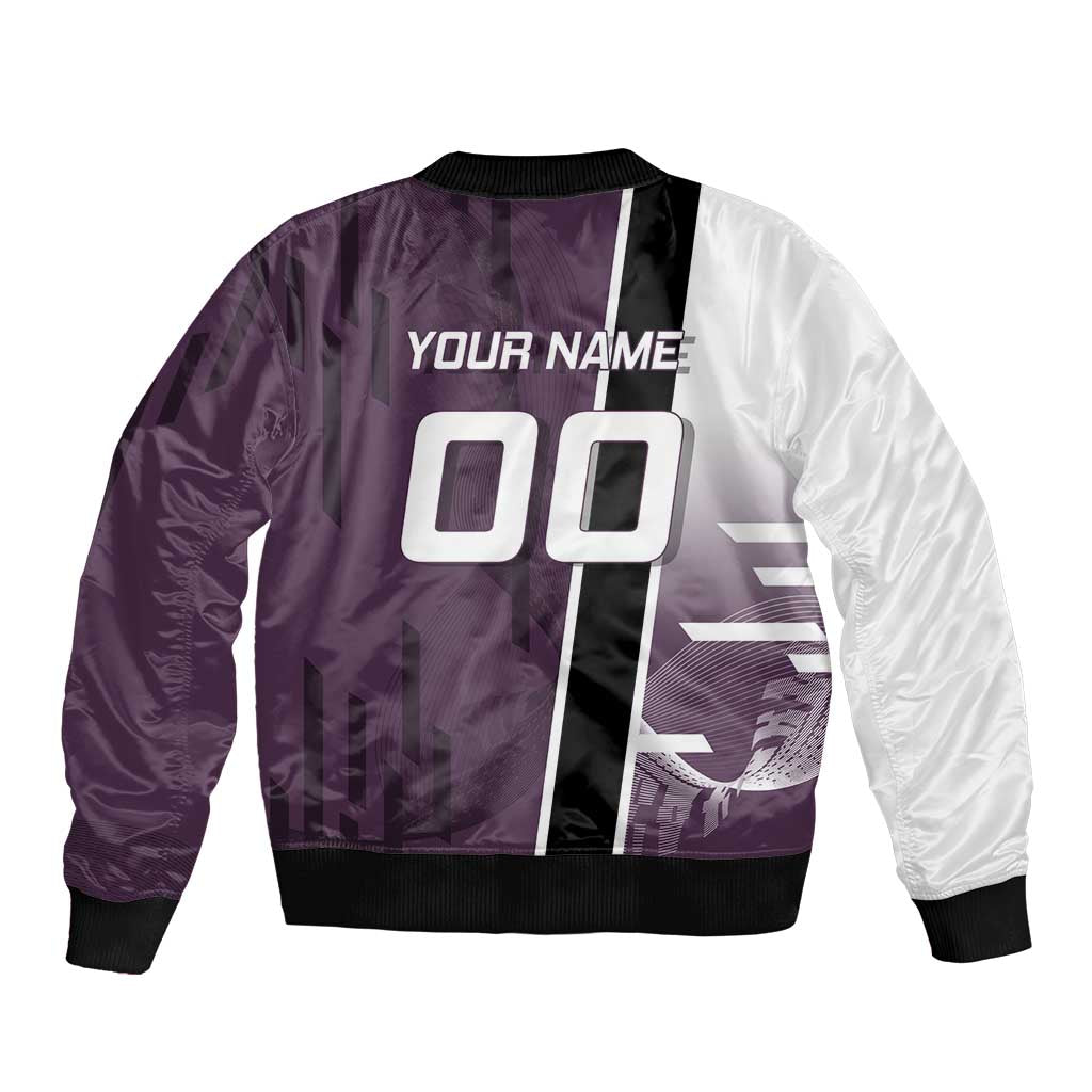 Personalized Shinazugawa Genya Demon Slayer Badminton Sleeve Zip Bomber Jacket with Racket Action Pose and Purple Black Graphic Design - The Mazicc