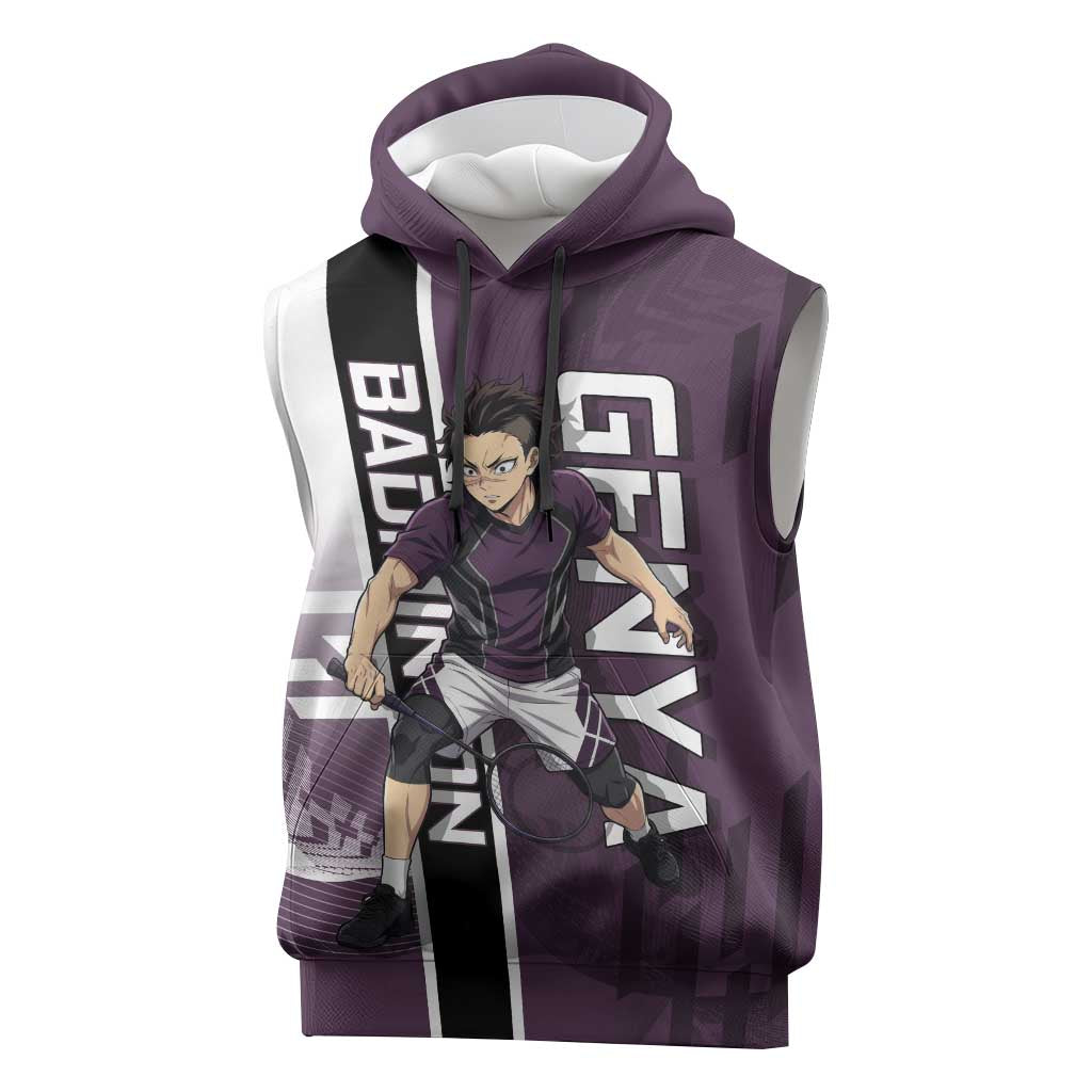 Personalized Shinazugawa Genya Demon Slayer Badminton Sleeveless Hoodie with Racket Action Pose and Purple Black Graphic Design - The Mazicc
