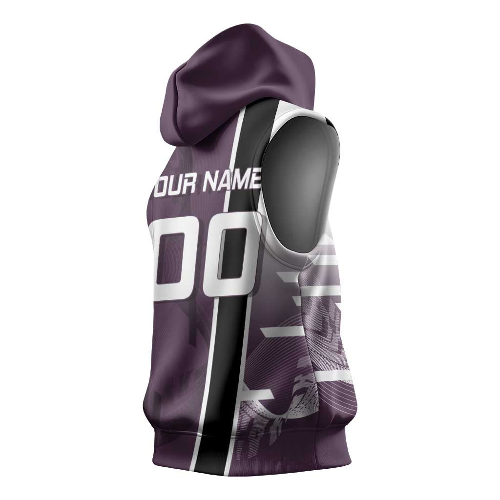 Personalized Shinazugawa Genya Demon Slayer Badminton Sleeveless Hoodie with Racket Action Pose and Purple Black Graphic Design - The Mazicc