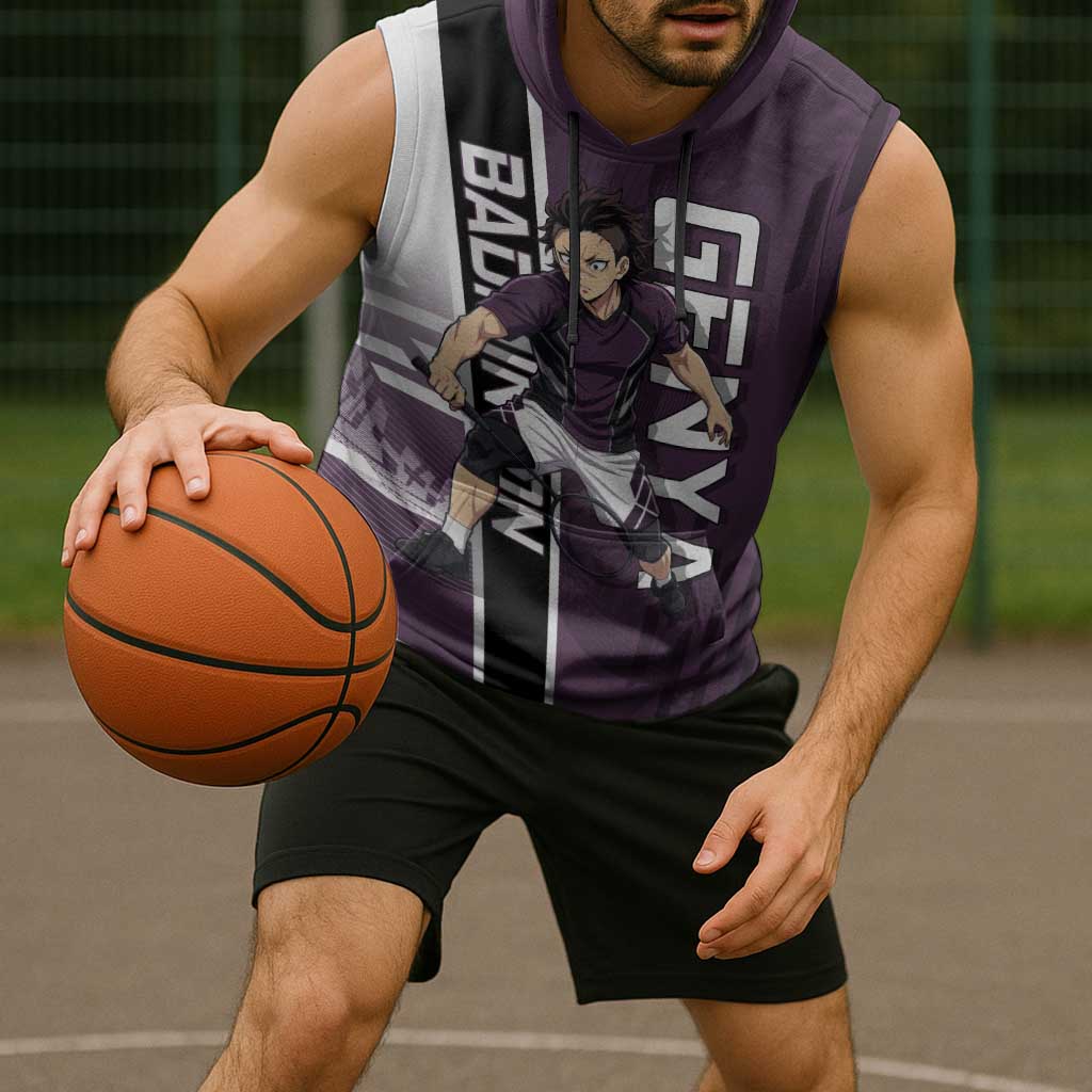 Personalized Shinazugawa Genya Demon Slayer Badminton Sleeveless Hoodie with Racket Action Pose and Purple Black Graphic Design - The Mazicc