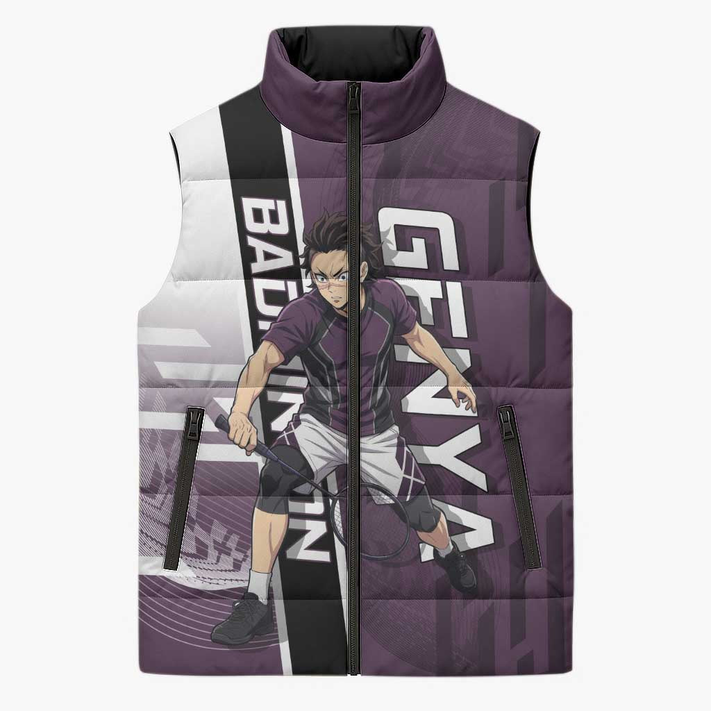 Personalized Shinazugawa Genya Demon Slayer Badminton Sleeveless Puffer Jacket with Racket Action Pose and Purple Black Graphic Design - The Mazicc