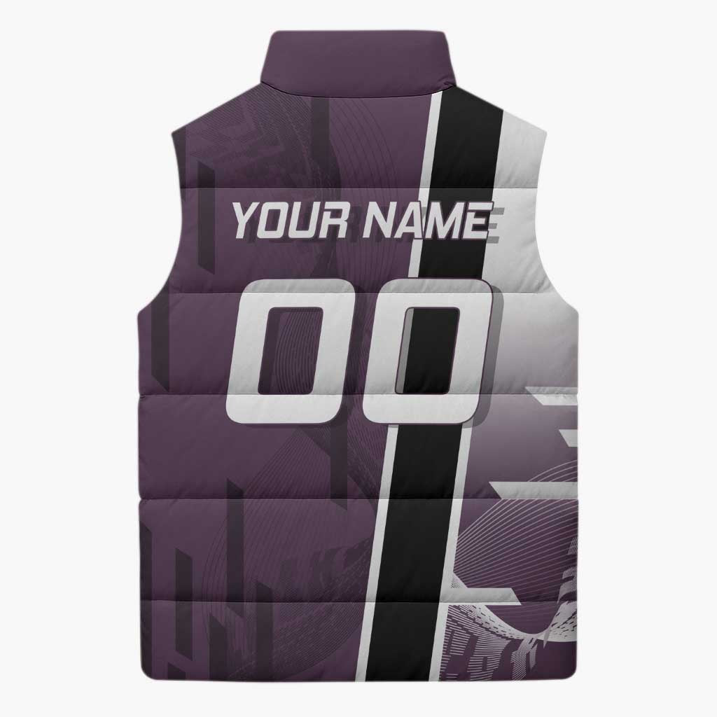 Personalized Shinazugawa Genya Demon Slayer Badminton Sleeveless Puffer Jacket with Racket Action Pose and Purple Black Graphic Design - The Mazicc