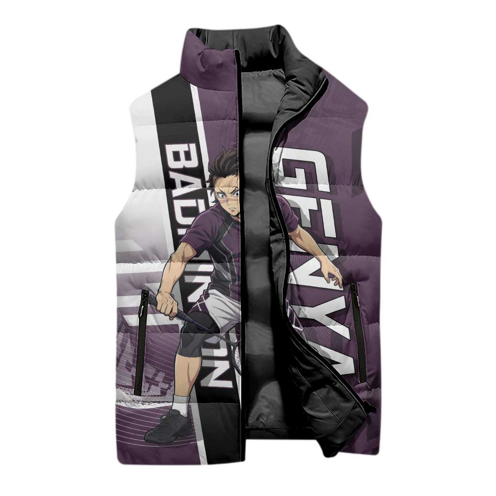 Personalized Shinazugawa Genya Demon Slayer Badminton Sleeveless Puffer Jacket with Racket Action Pose and Purple Black Graphic Design - The Mazicc