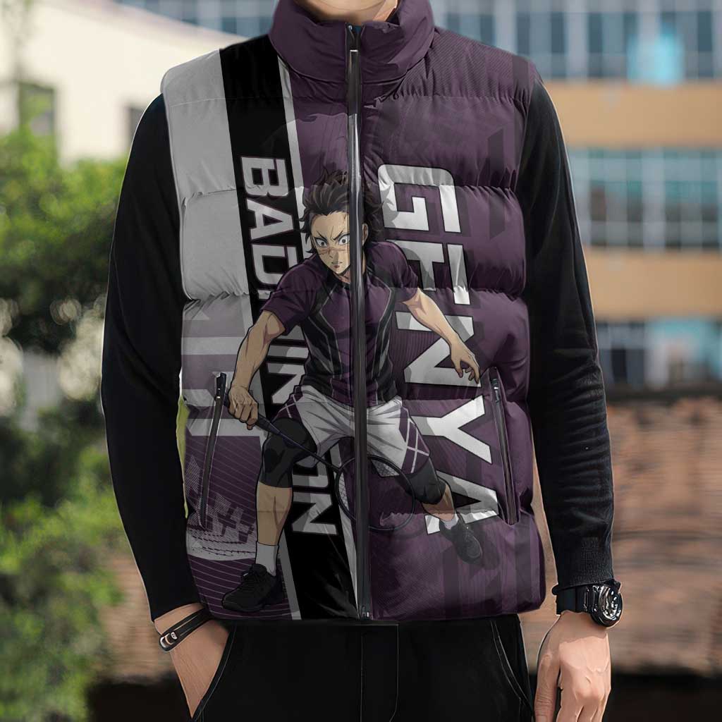 Personalized Shinazugawa Genya Demon Slayer Badminton Sleeveless Puffer Jacket with Racket Action Pose and Purple Black Graphic Design - The Mazicc