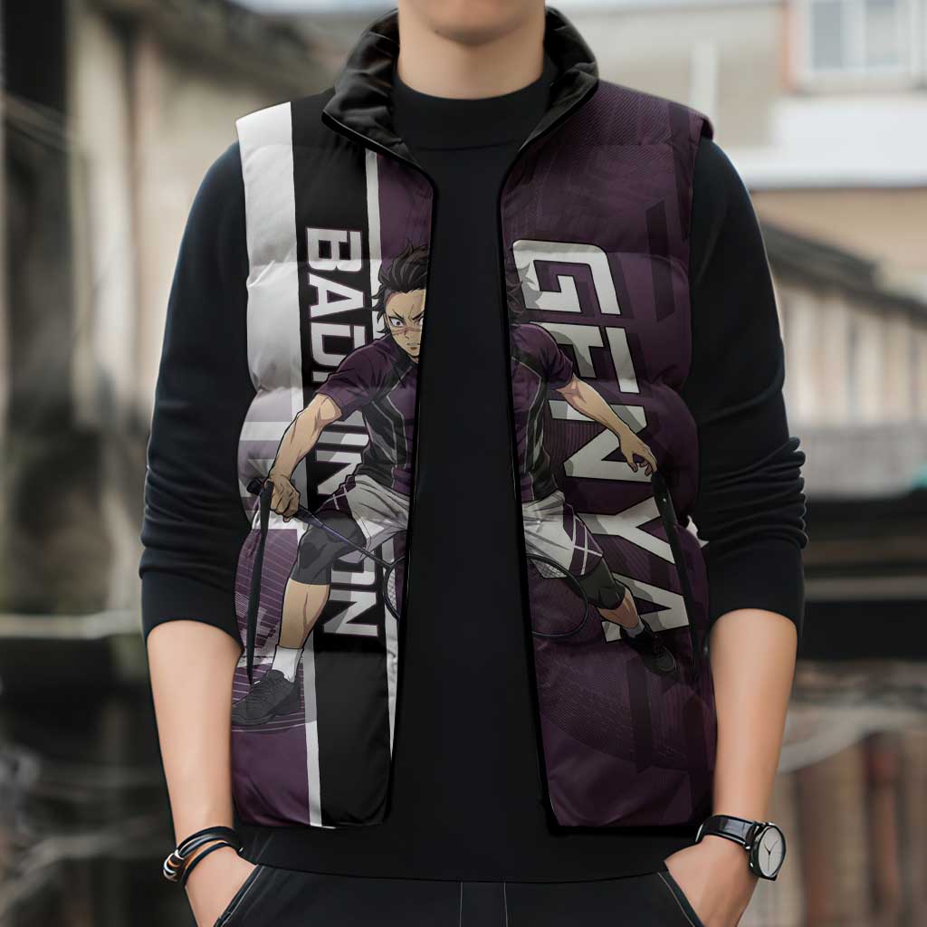 Personalized Shinazugawa Genya Demon Slayer Badminton Sleeveless Puffer Jacket with Racket Action Pose and Purple Black Graphic Design - The Mazicc