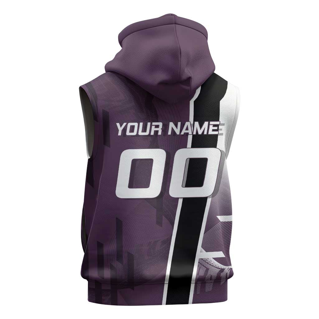 Personalized Shinazugawa Genya Demon Slayer Badminton Sleeveless Zip Hoodie with Racket Action Pose and Purple Black Graphic Design - The Mazicc
