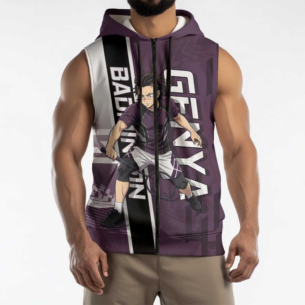 Personalized Shinazugawa Genya Demon Slayer Badminton Sleeveless Zip Hoodie with Racket Action Pose and Purple Black Graphic Design - The Mazicc