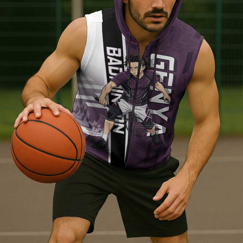 Personalized Shinazugawa Genya Demon Slayer Badminton Sleeveless Zip Hoodie with Racket Action Pose and Purple Black Graphic Design - The Mazicc